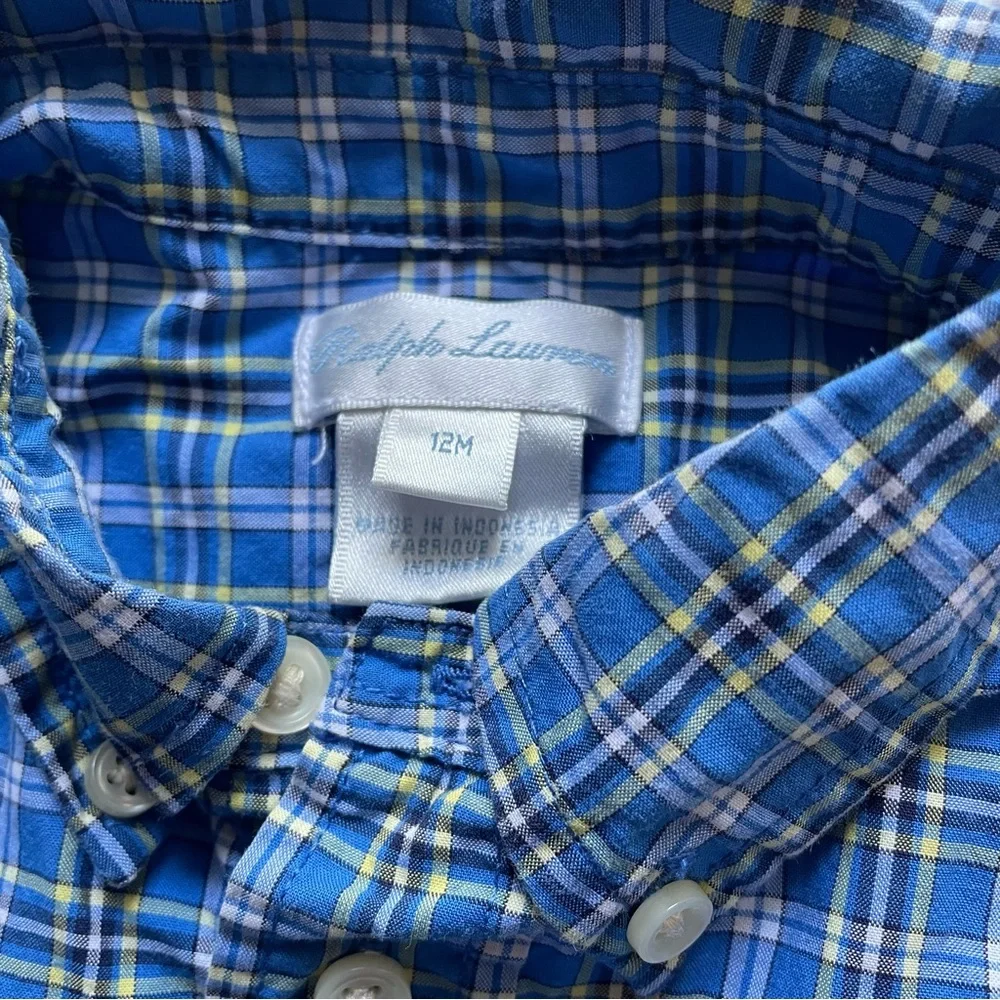 Ralph Lauren Blue Plaid Short Sleeve Button Down Size 12 months